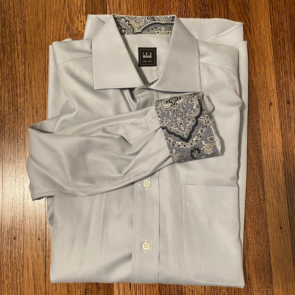Ike Behar gray blue men’s button down with paisley